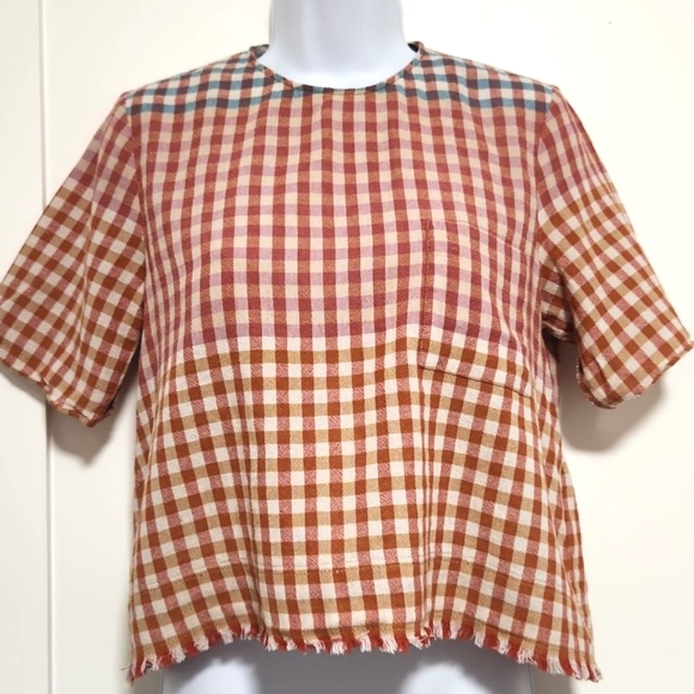 Zara Plaid Button-Back Orange Top